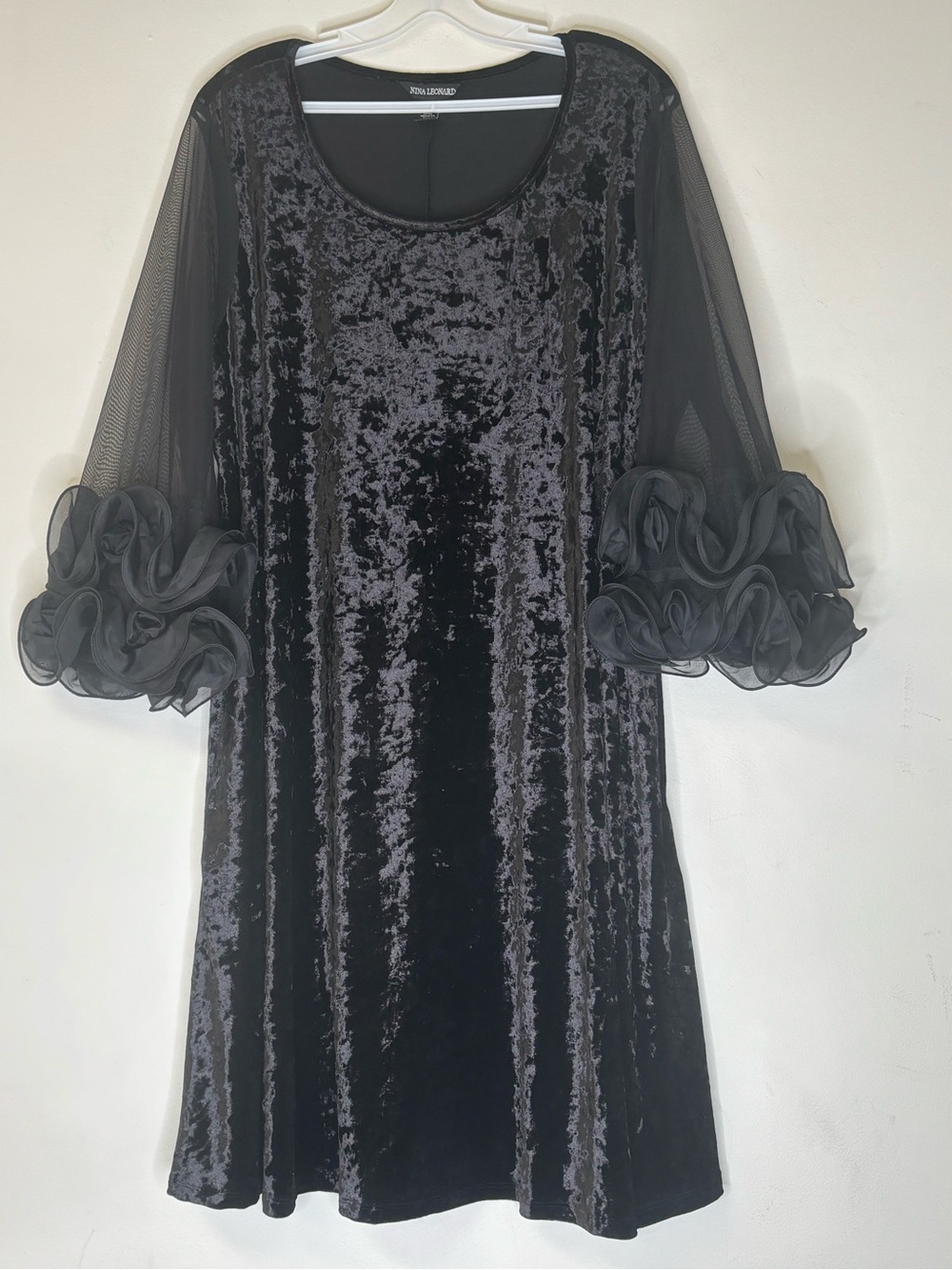 Nina Leonard Black Crushed Velvet Dress with Sheer Ruffle Sleeves sz 2X
